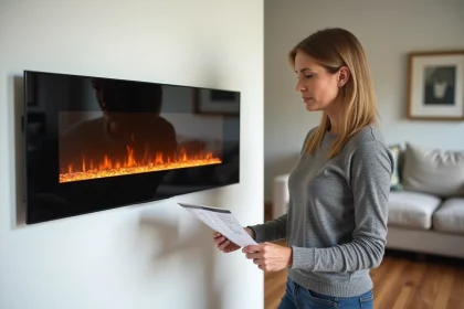 Femme examinant les caractéristiques d'un feu électrique encastré dans un salon moderne avant achat