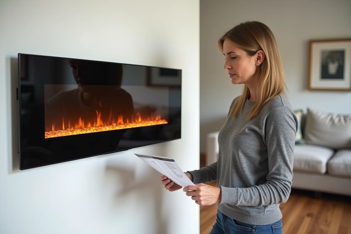 Femme examinant les caractéristiques d'un feu électrique encastré dans un salon moderne avant achat