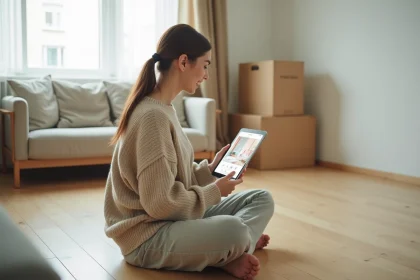 Jeune femme utilisant une application de décoration intérieure sur tablette dans un appartement en cours d'aménagement