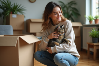 Femme tenant un chat dans un salon en déménagement