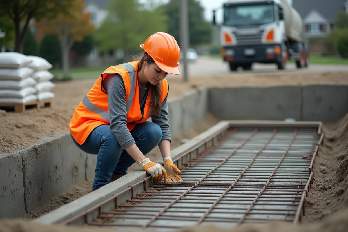 Femme constructeur mesurant une armature dans une piscine creusée