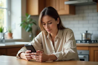 Femme consultant les prix de l'application mobile lamaison360 sur son smartphone dans une cuisine moderne