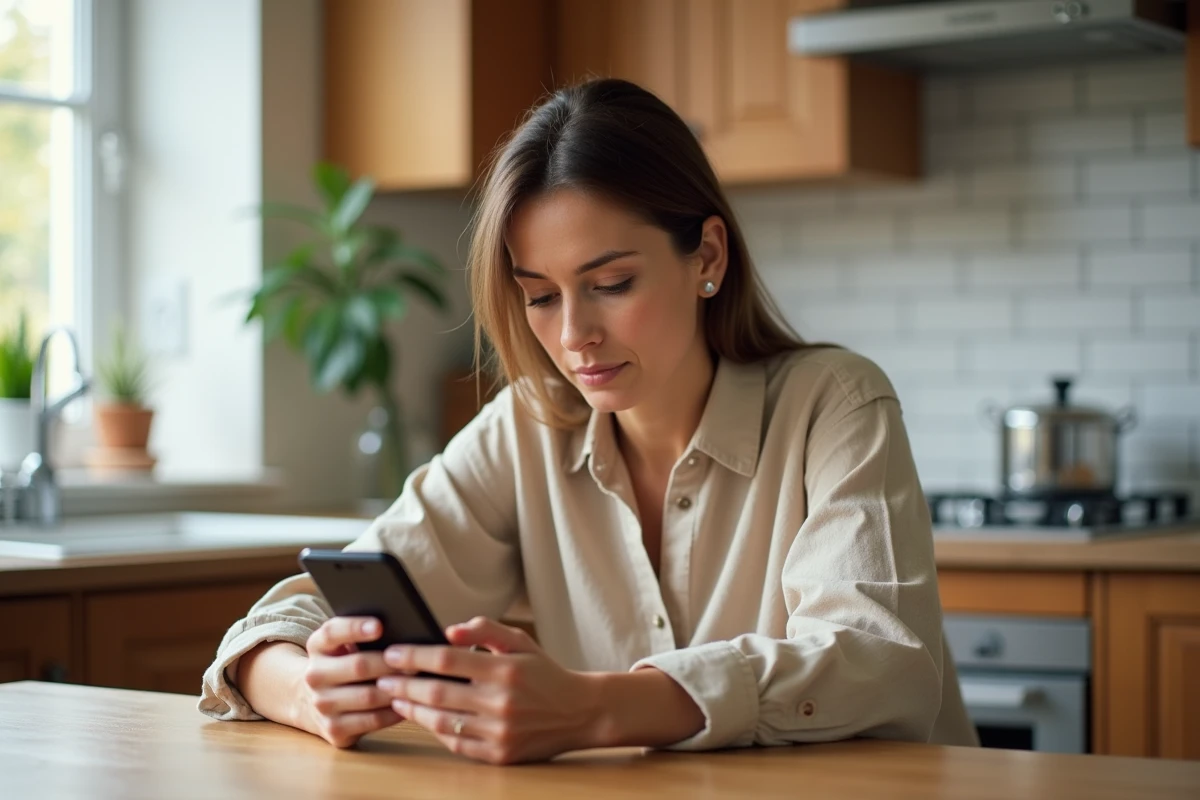 Femme consultant les prix de l'application mobile lamaison360 sur son smartphone dans une cuisine moderne