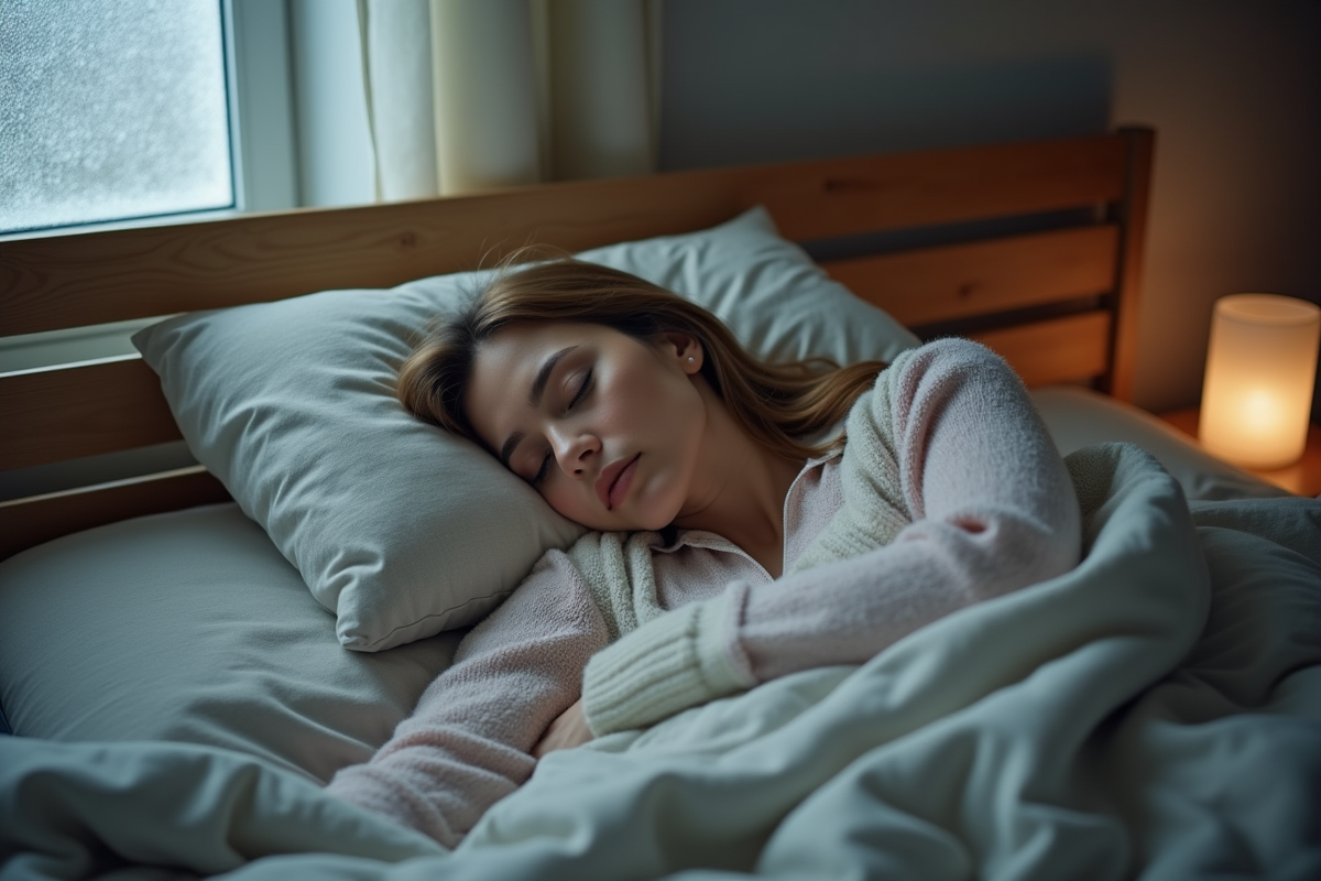 Femme endormie dans un lit avec draps texturés et duvet à motifs