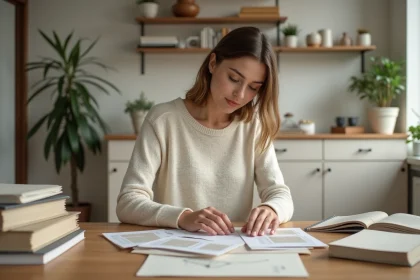 Femme en sweater cr&egrave;me et jeans dans un salon lumineux