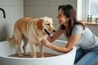 Femme avec son chien golden retriever dans la baignoire