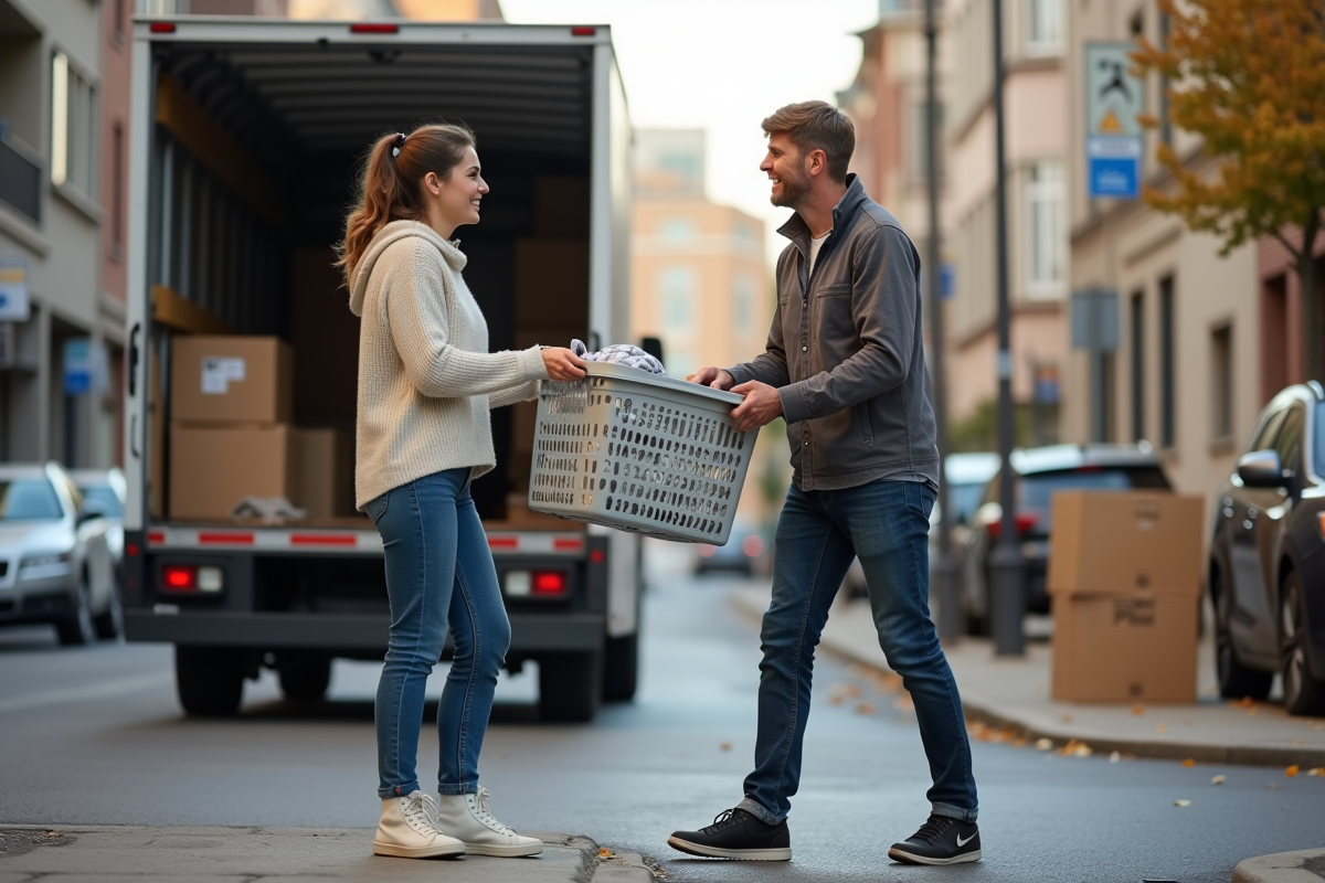 Femme et déménageur souriants échangeant un panier à linge devant un camion