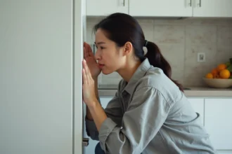 Femme accroupie qui écoute le bruit de son réfrigérateur dans une cuisine moderne