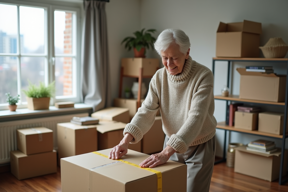 Femme âgée scellant un carton dans appartement