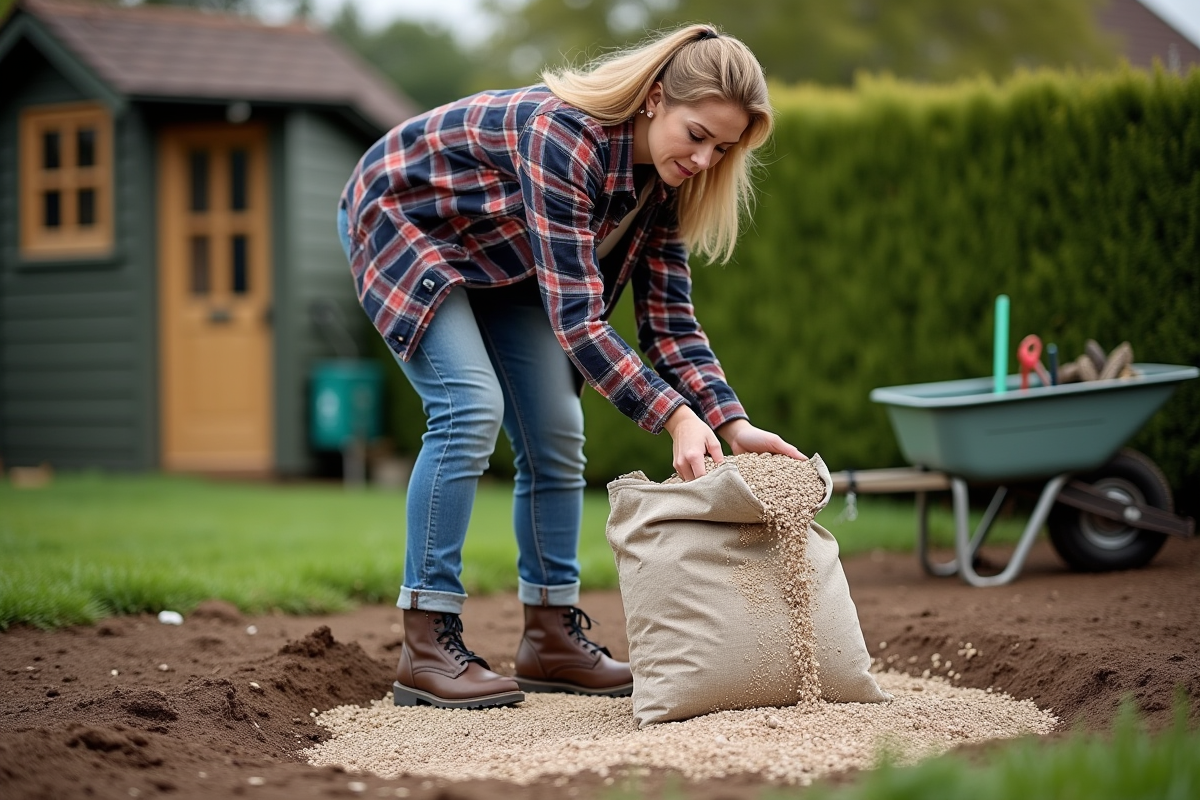 Femme versant du gravier dans un jardin