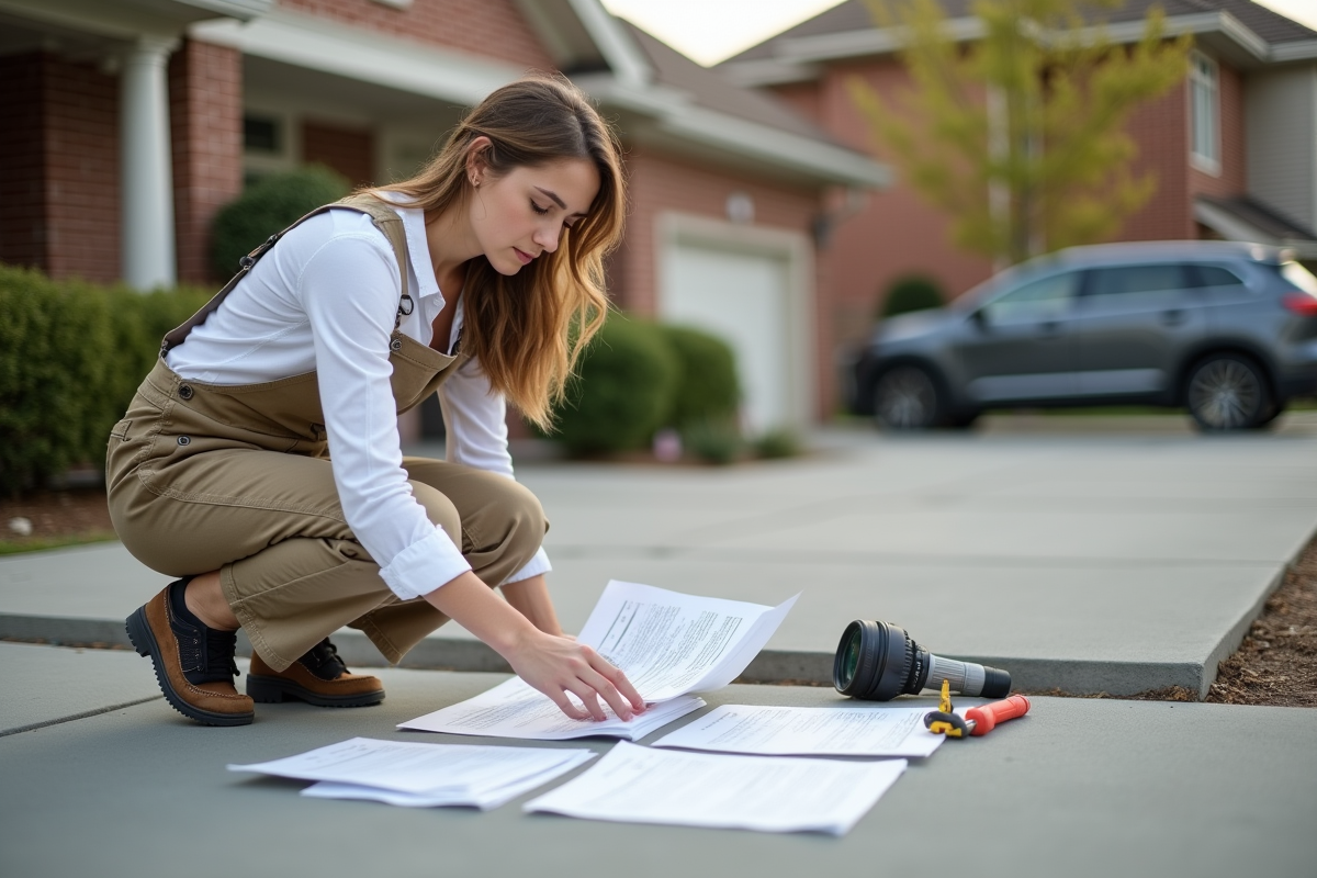 Femme vérifiant des devis sur une dalle de béton dans un environnement urbain