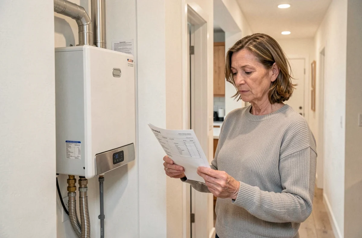 Femme consultant sa facture d'énergie devant un chauffe-eau thermodynamique dans un couloir résidentiel