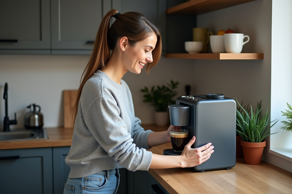 Jeune femme ajustant un tapis en silicone sous une machine &agrave; caf&eacute;