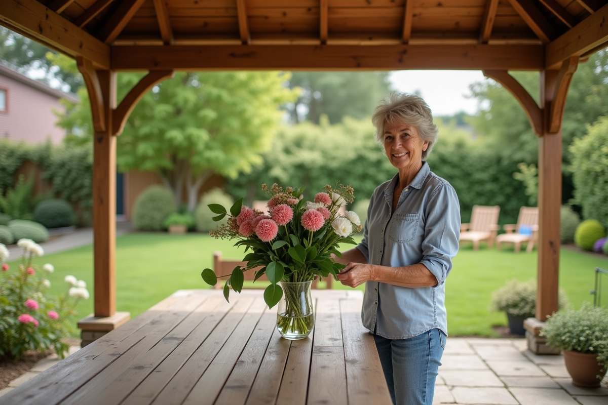 Femme souriante arrangeant des fleurs dans un jardin paisible