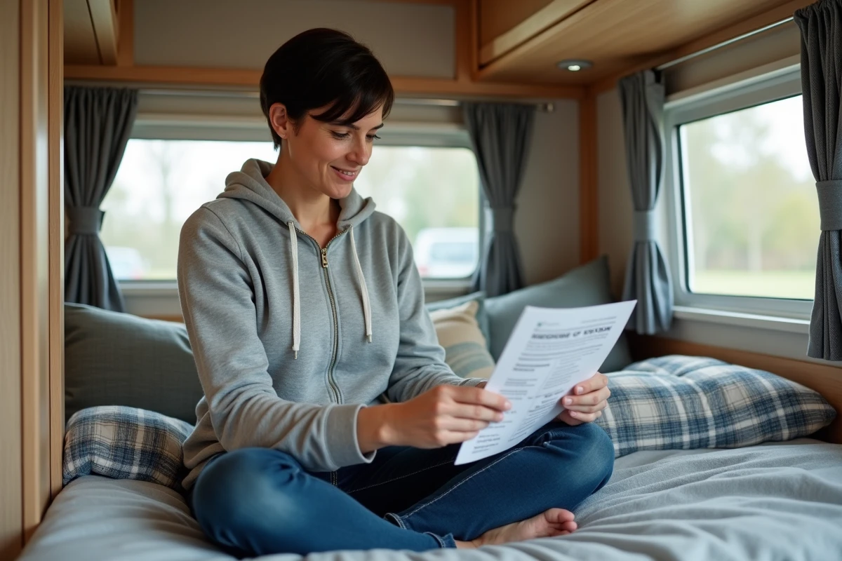Femme consultant un guide de dépannage Truma Combi 4 assise dans un camping-car face au boîtier de commande iNet