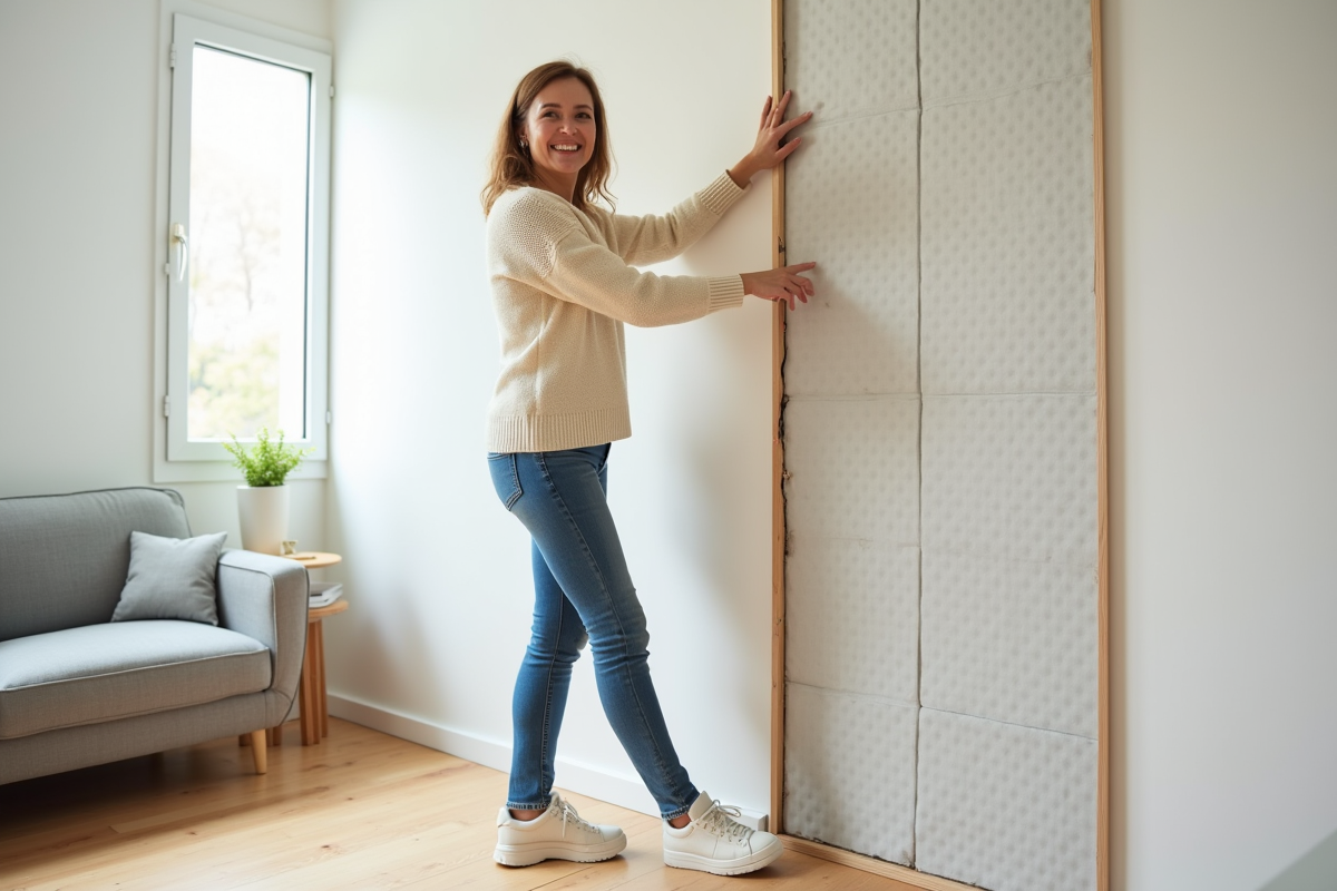 Femme propriétaire montrant isolation dans salon lumineux