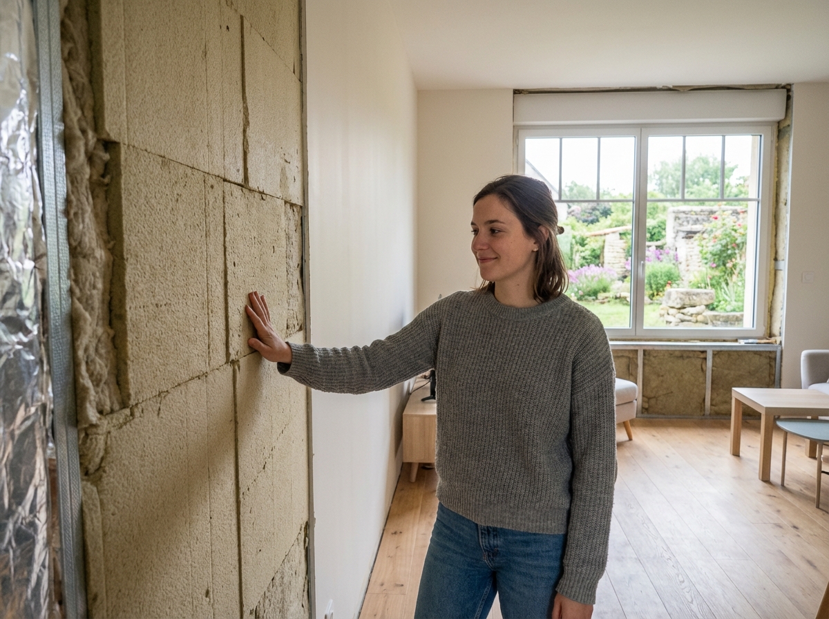 Jeune femme dans un salon insulant un mur int&eacute;rieur