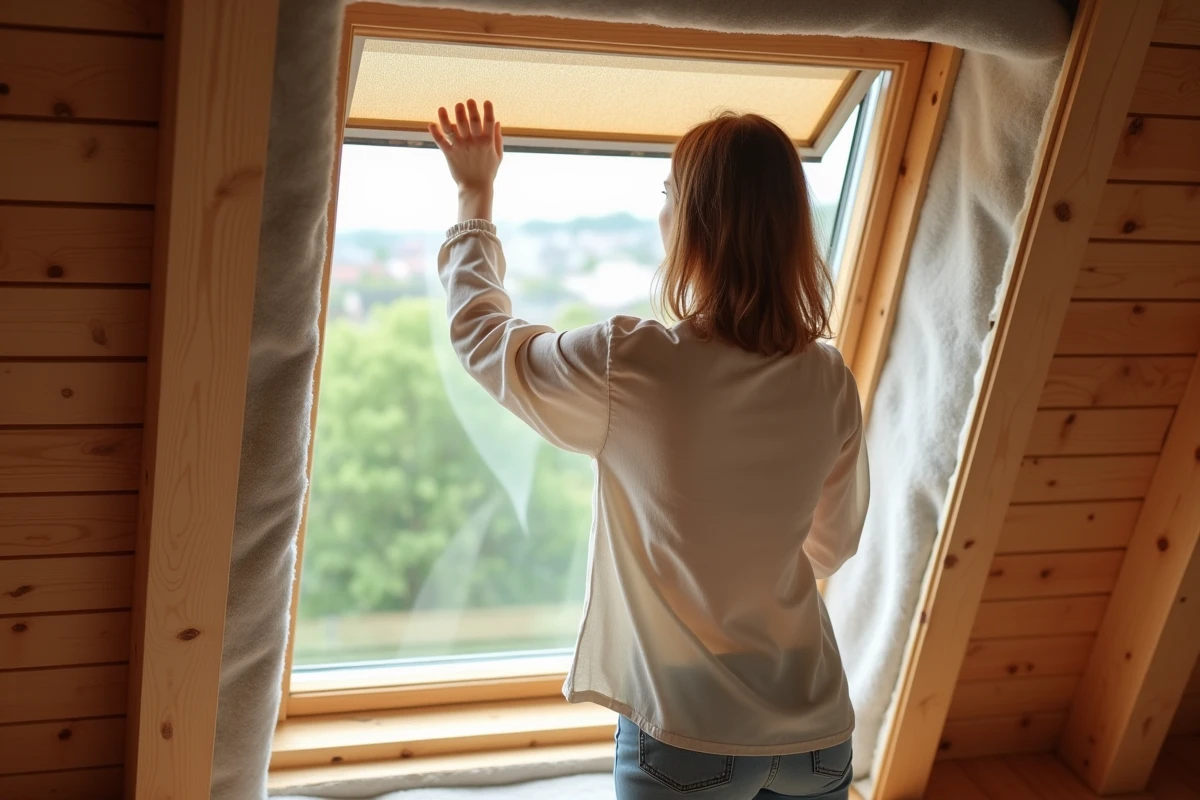 Jeune femme posant un pare-soleil dans un grenier lumineux