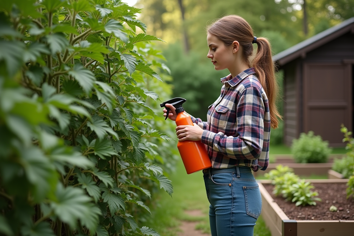 Jeune femme inspectant ses plants de tomates dans le jardin