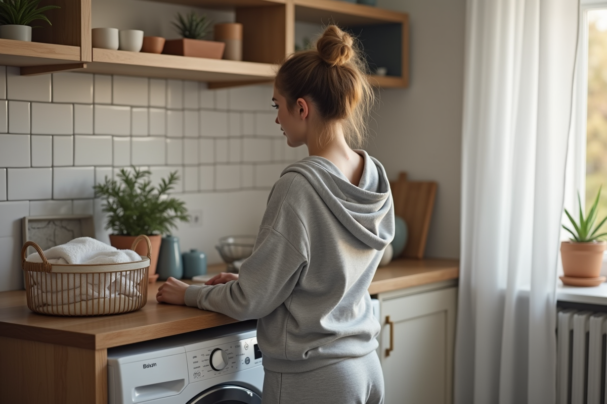 Jeune femme regardant le panneau de contrôle d’un lave-linge dans la cuisine