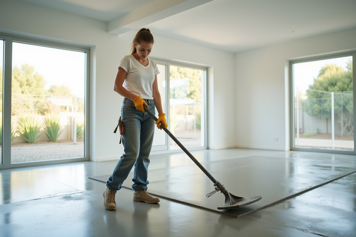 Jeune femme nivelant la chape dans une maison moderne