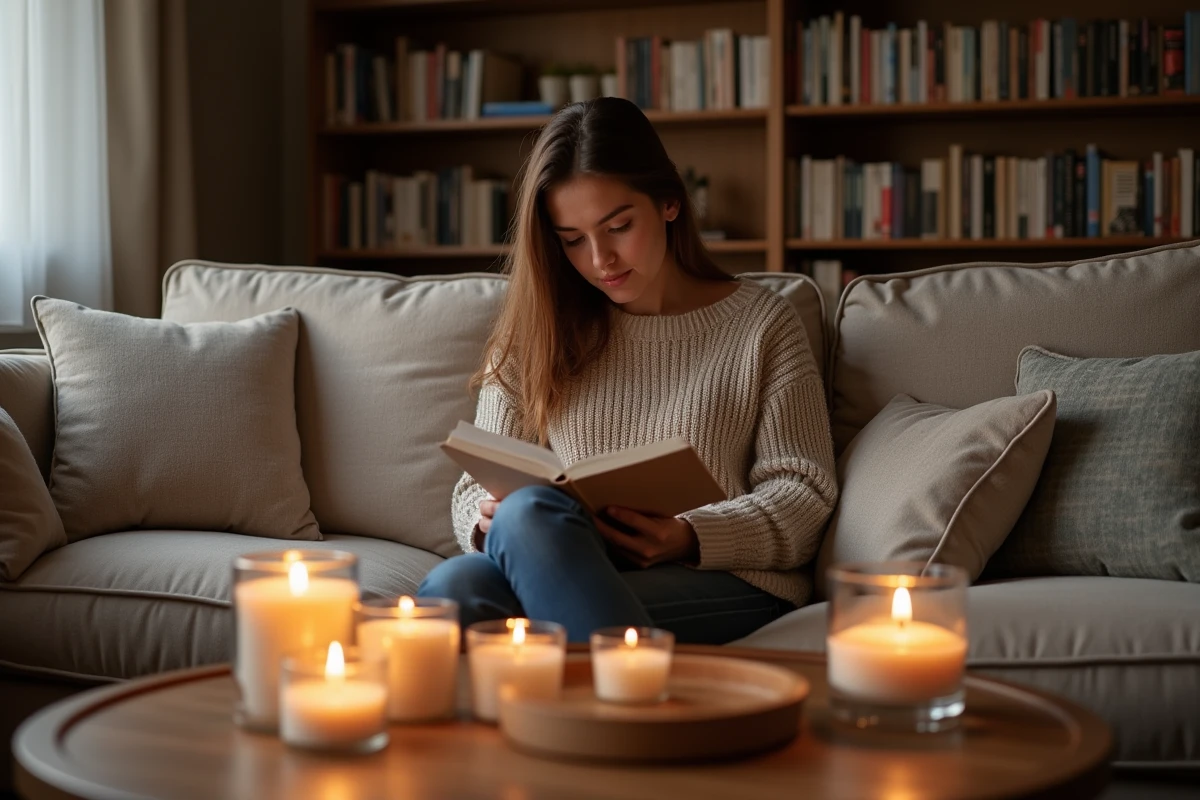 Jeune femme lisant avec bougies allumees dans le salon