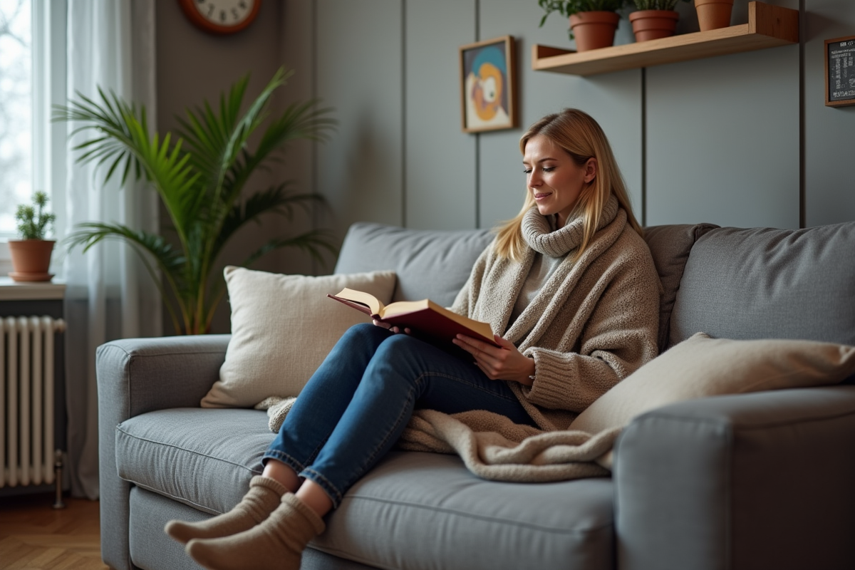 Femme d'âge moyen lisant confortablement dans un salon chaleureux