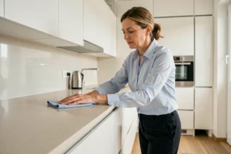 Femme de ménage en uniforme nettoyant le plan de travail d'une cuisine moderne à Vienne