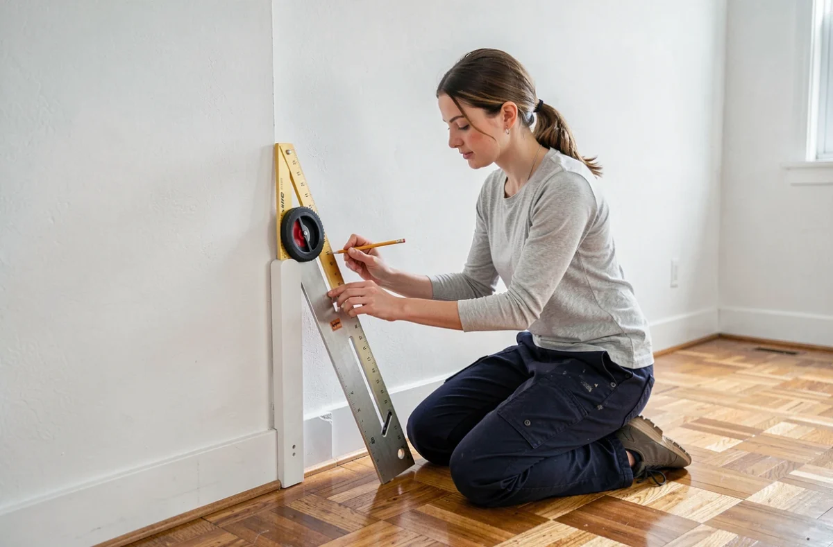Femme mesurant l'angle d'un coin de pièce avec un rapporteur d'angle pour couper une plinthe à 45 degrés