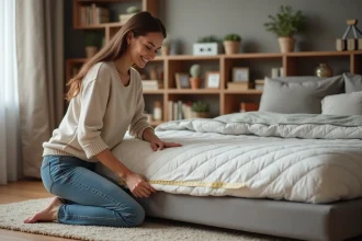 Femme mesurant un canapé clicclac dans un salon chaleureux