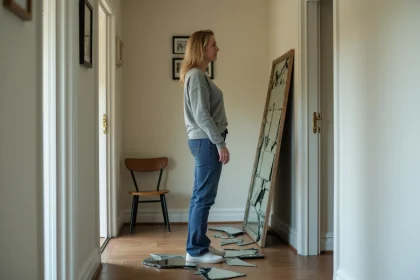 Femme d'âge moyen dans un couloir avec miroir brisé au sol