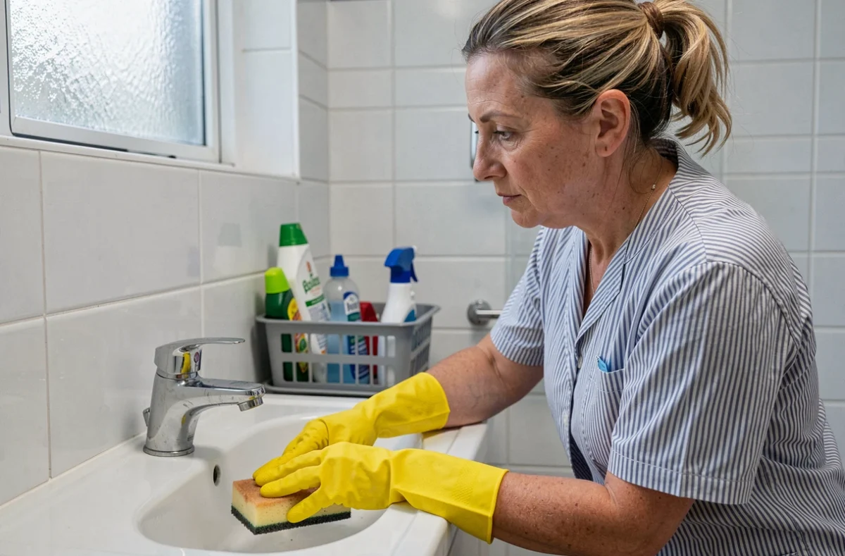 Femme d'entretien nettoyant un lavabo de salle de bain avec des gants en caoutchouc jaunes