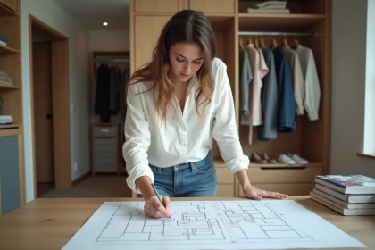 Femme en blouse blanche planifiant un vestiaire dans un appartement