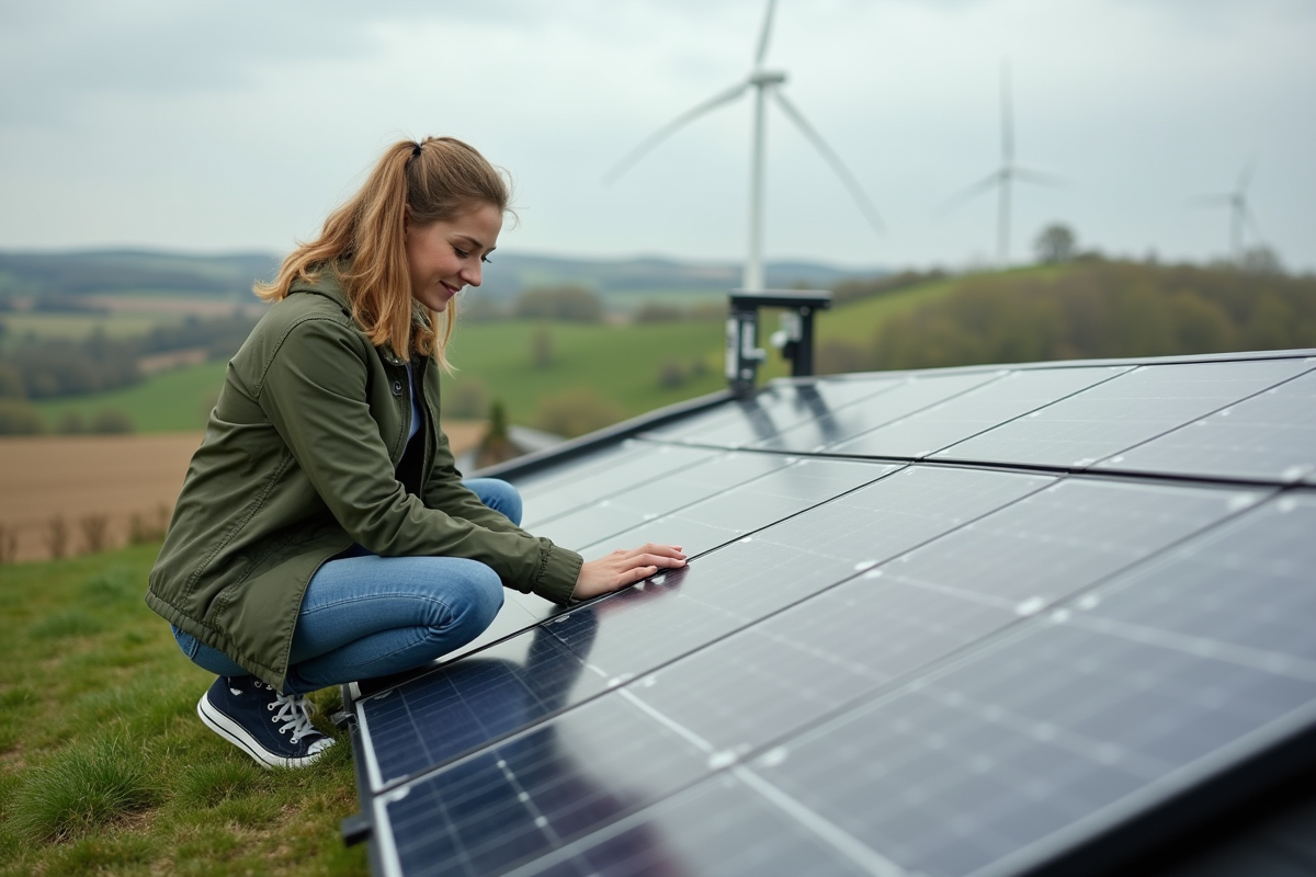 Jeune femme examine des panneaux solaires sur un toit rural