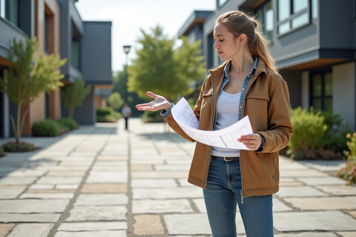 Femme montrant le pavage en pierre sur la terrasse extérieure