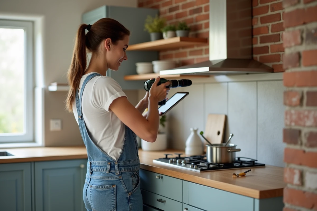 Femme perce une &eacute;tag&egrave;re dans la cuisine avec une perceuse