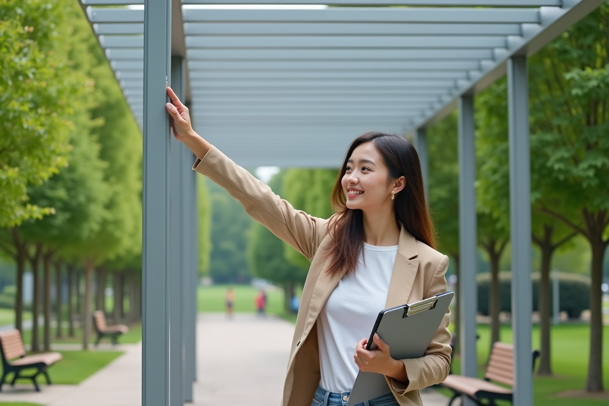Femme pointant la pergola en aluminium dans un parc public