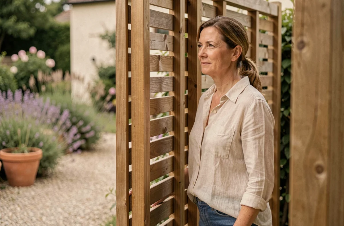 Femme observant la rue depuis l'intérieur d'un portail en bois avec portillon, illustrant la notion de vis-à-vis et d'intimité