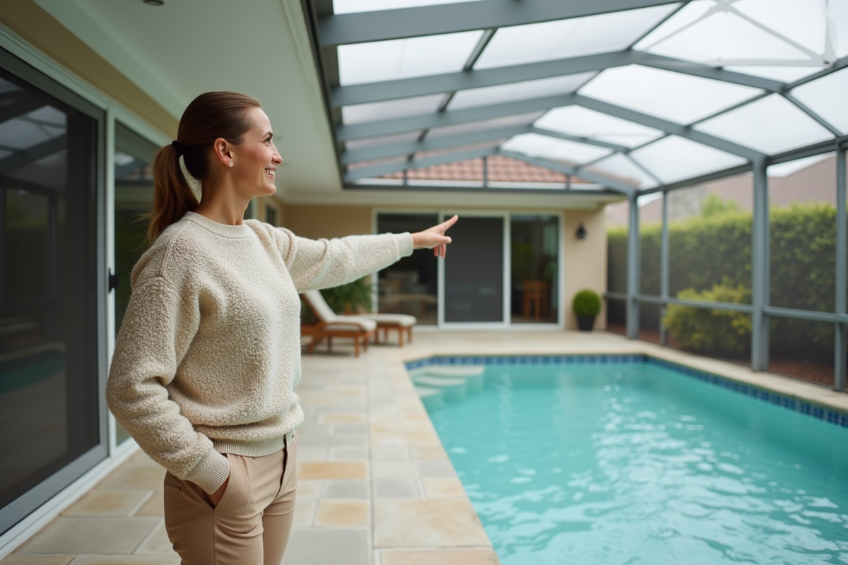 Femme souriante indique la piscine clôturée dans le jardin
