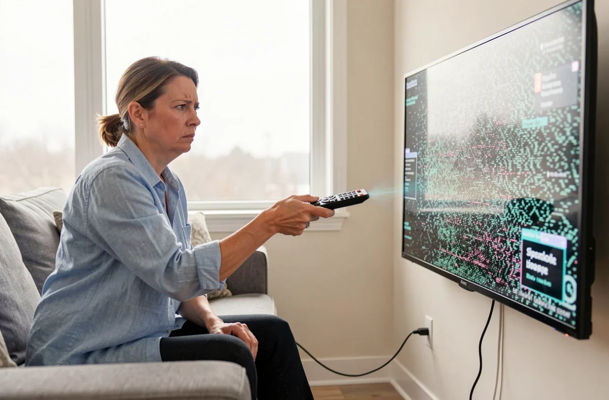 Femme frustrée face à un problème de réception TV avec câble coaxial visible