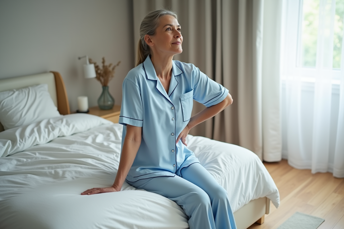 Femme en pyjama bleu clair assise sur le lit calme