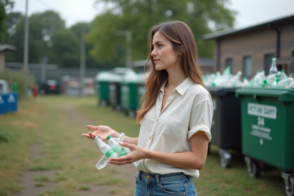 Jeune femme avec des morceaux de verre recyclé