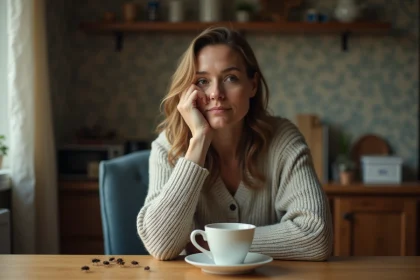 Femme pensant &agrave; une table avec des mouches sur une tasse de th&eacute;