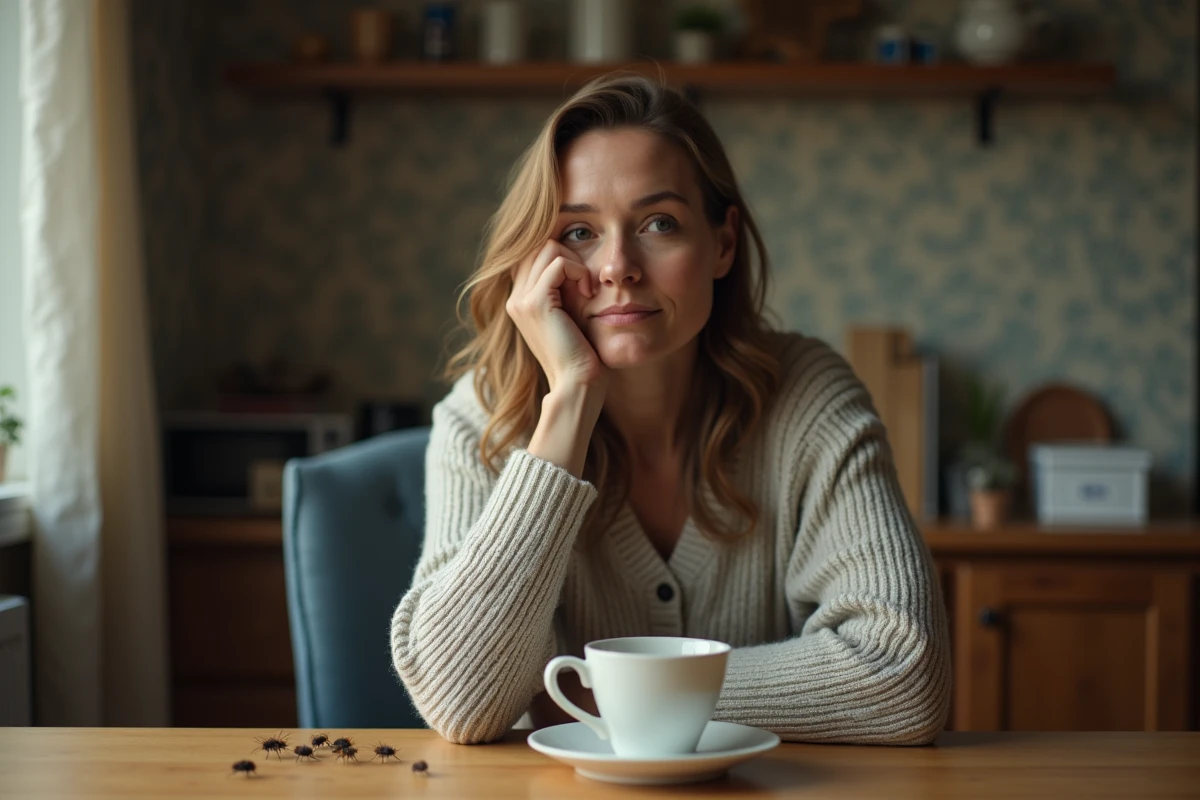 Femme pensant &agrave; une table avec des mouches sur une tasse de th&eacute;