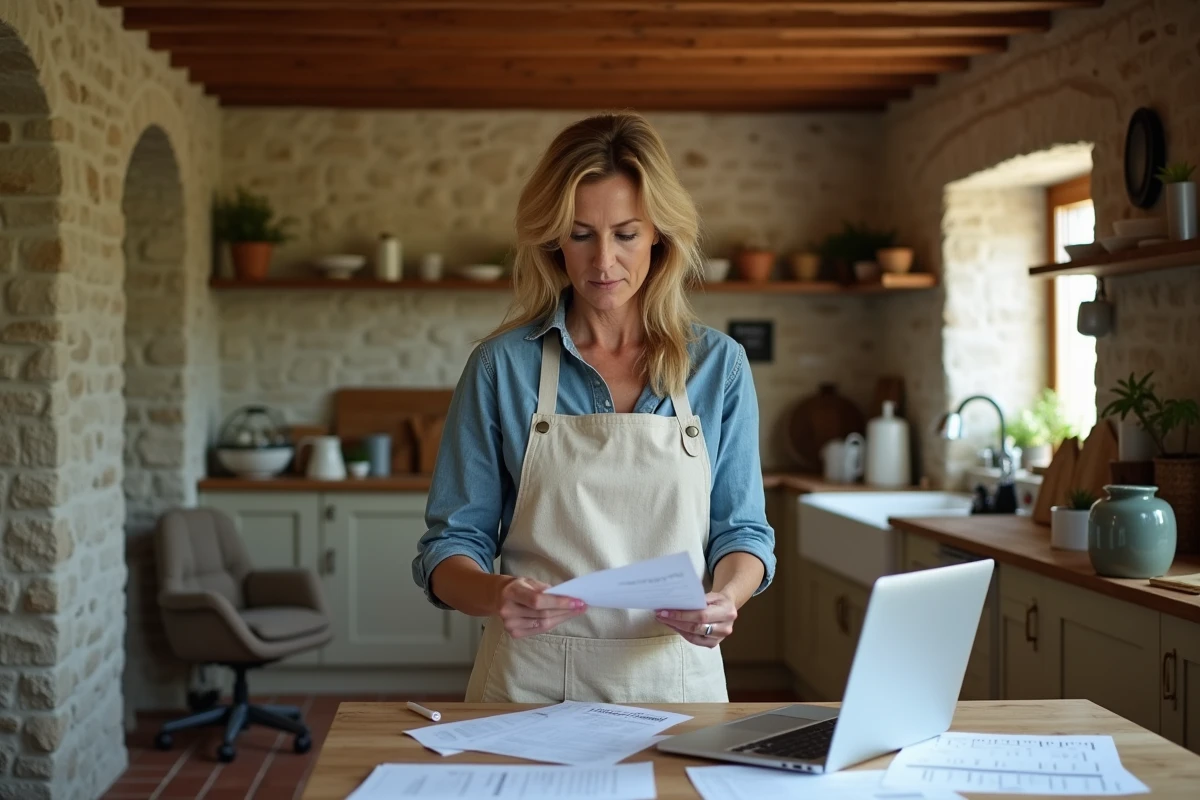 Femme consultant des documents de rénovation sur un site d'infos maison ancienne dans une cuisine en pierre restaurée