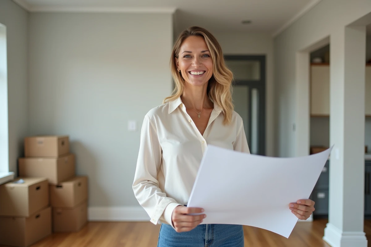 Femme souriante tenant des plans de renovation dans un appartement moderne