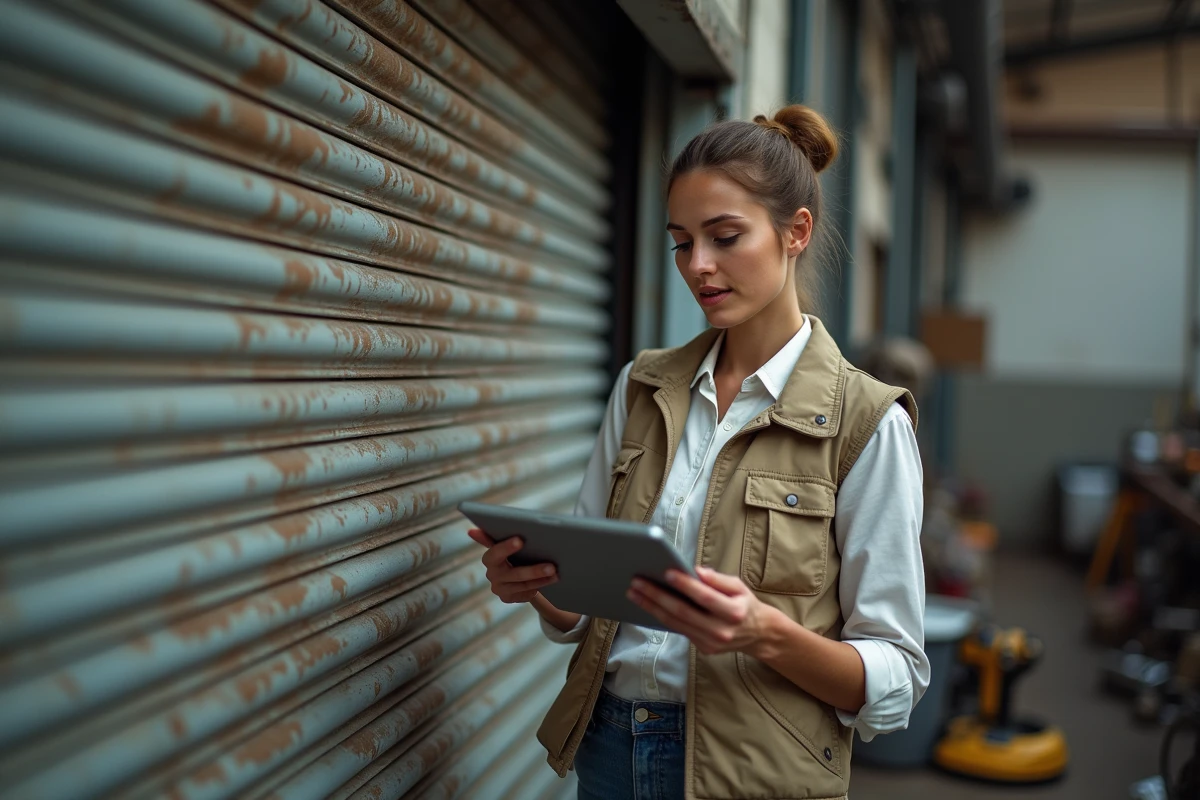 Femme professionnelle consulte un diagramme pour r&eacute;parer un volet