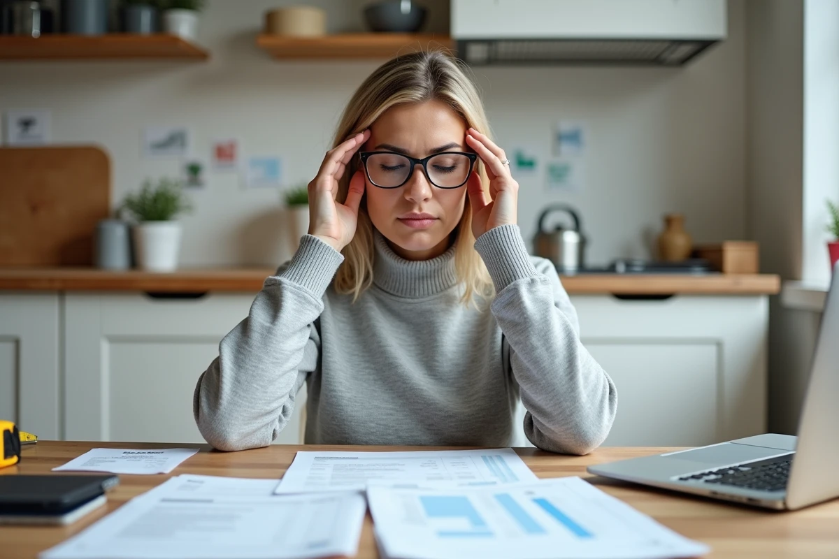 Femme stressée révisant les factures et devis de matériaux de travaux sur une table de cuisine