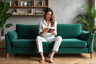 Femme élégante choisissant des tissus dans un salon moderne