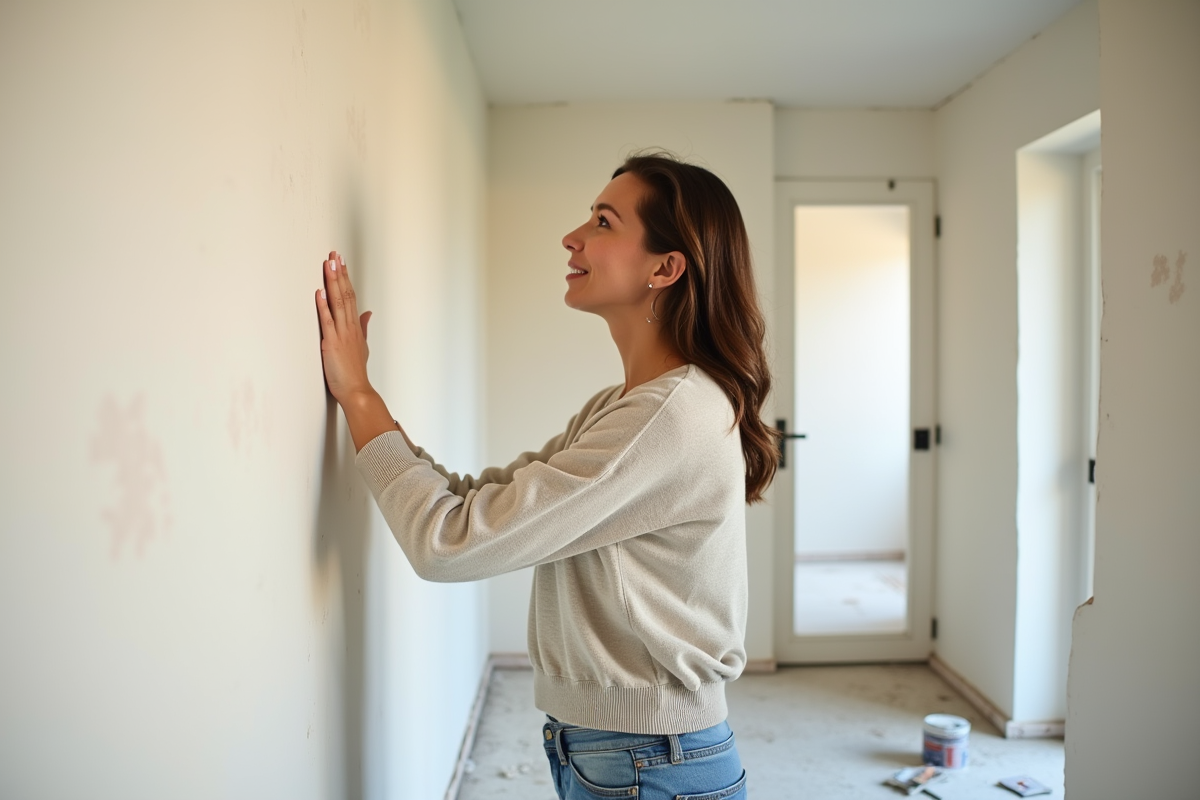 Femme évaluant un mur fraîchement poncé dans un couloir
